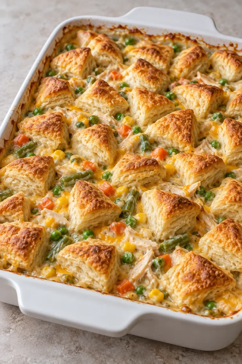 Chicken pot pie bake with golden quartered biscuit pieces over creamy shredded chicken and mixed vegetables