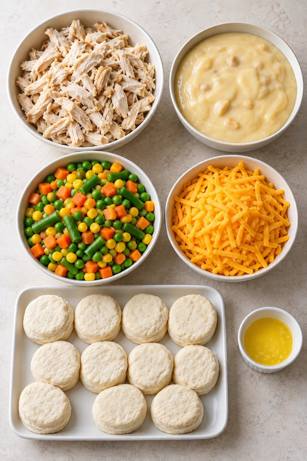 Chicken pot pie ingredients: cooked chicken, condensed soup, mixed vegetables, cheddar, raw biscuits, and melted butter
