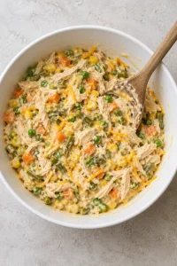 Creamy chicken pot pie filling with shredded chicken, mixed vegetables, and cheese in a white mixing bowl