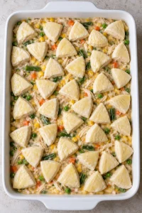Chicken pot pie bake assembled with raw quartered biscuit pieces over creamy chicken and vegetables