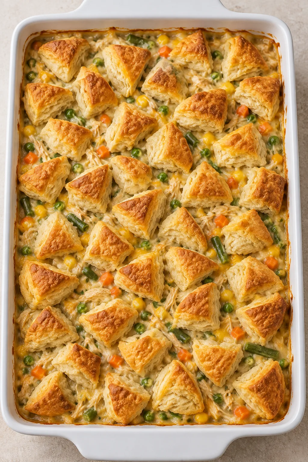 Overhead view of baked chicken pot pie casserole with golden biscuit quarters and mixed vegetables