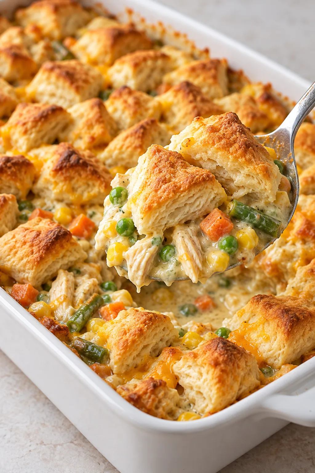A serving spoon lifting creamy chicken pot pie filling and golden biscuit pieces from the casserole