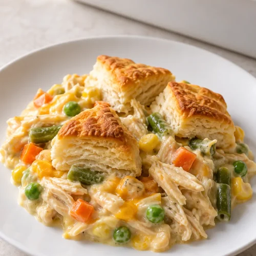 A portion of chicken pot pie bake with biscuit pieces and creamy chicken and vegetables on a white plate