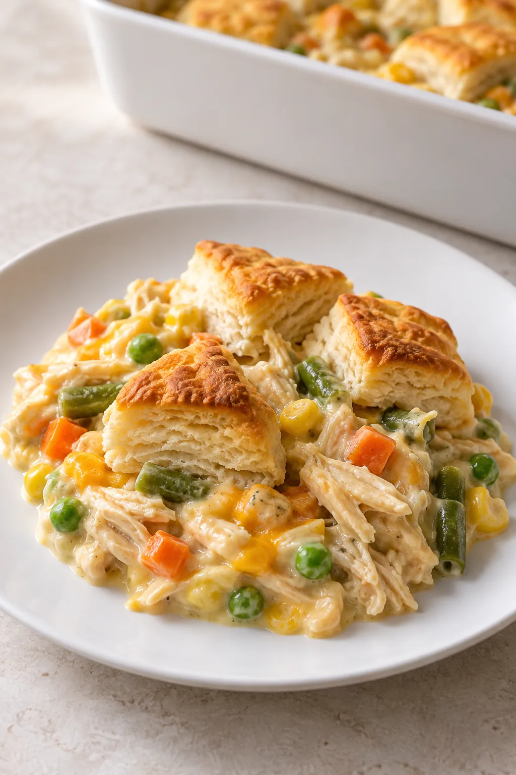 A portion of chicken pot pie bake with biscuit pieces and creamy chicken and vegetables on a white plate