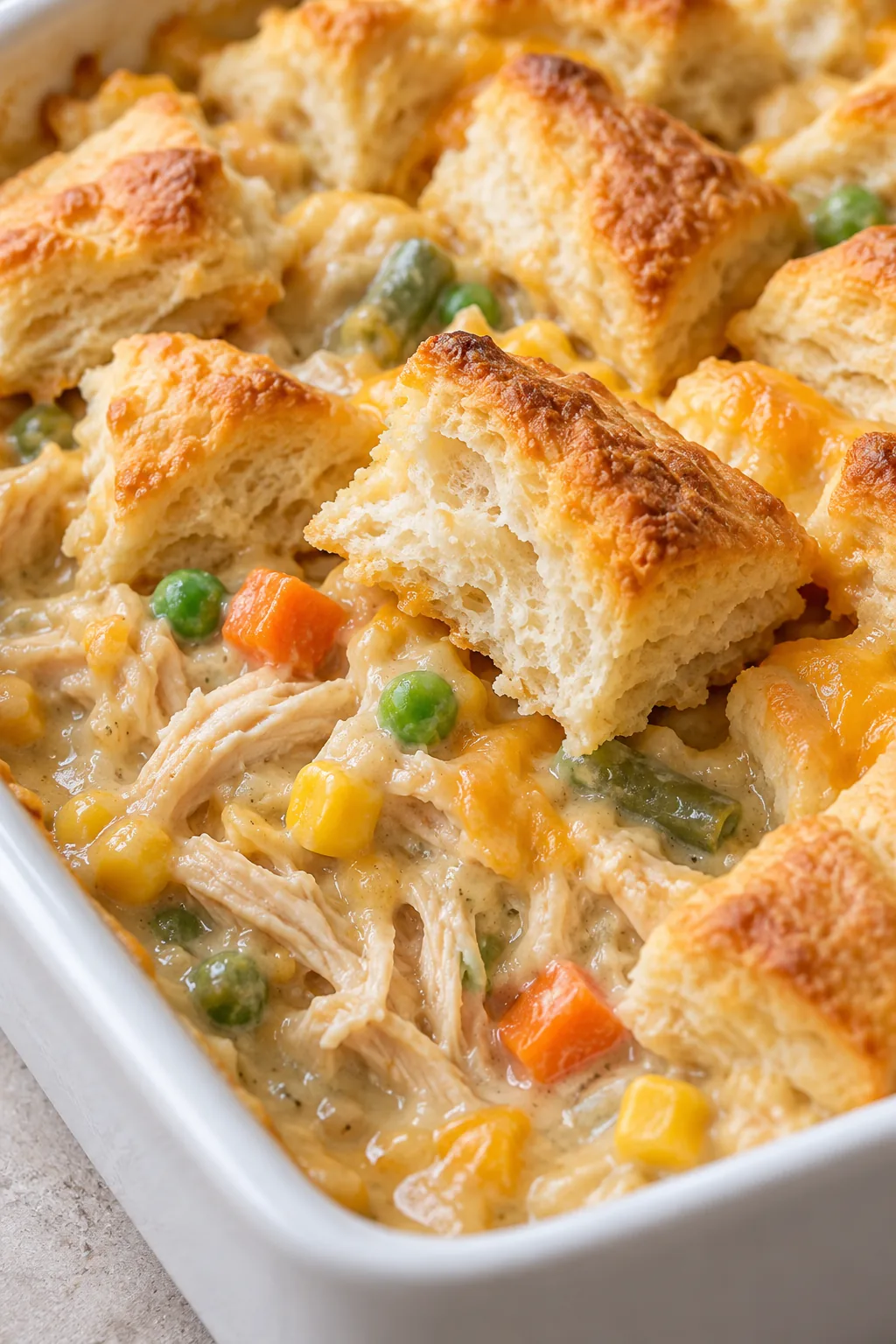Close-up of flaky golden biscuit crumb over creamy shredded chicken, peas, corn, and carrots