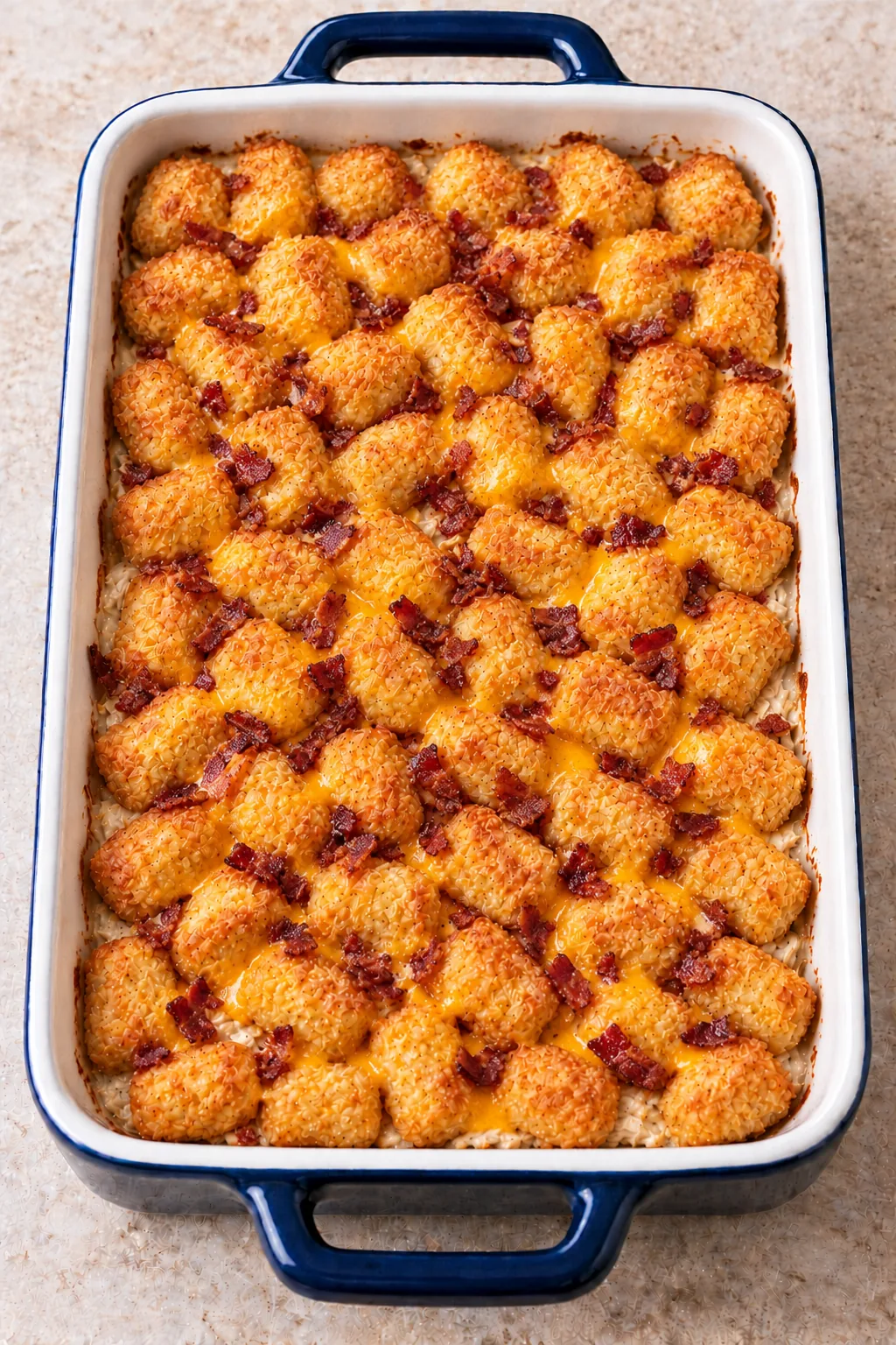 Baked casserole after adding the final cheddar and bacon, with melted cheese between crisp tater tots