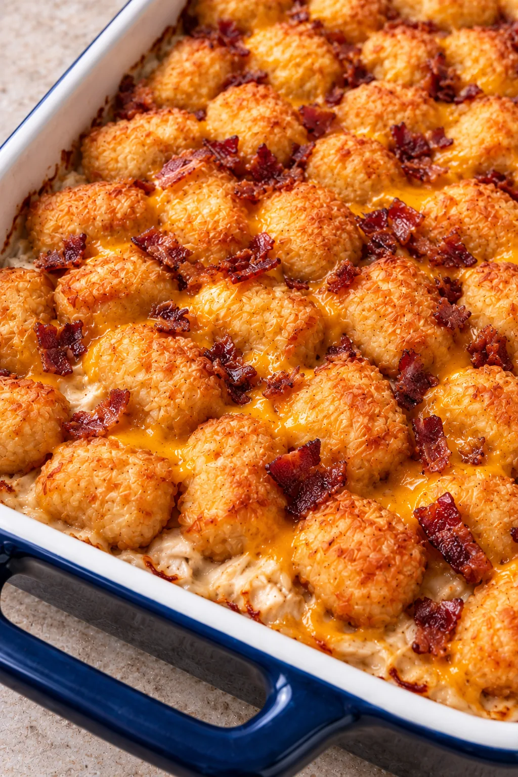 Close-up of crisp tater tots with a light cheddar topping and small bacon crumbles