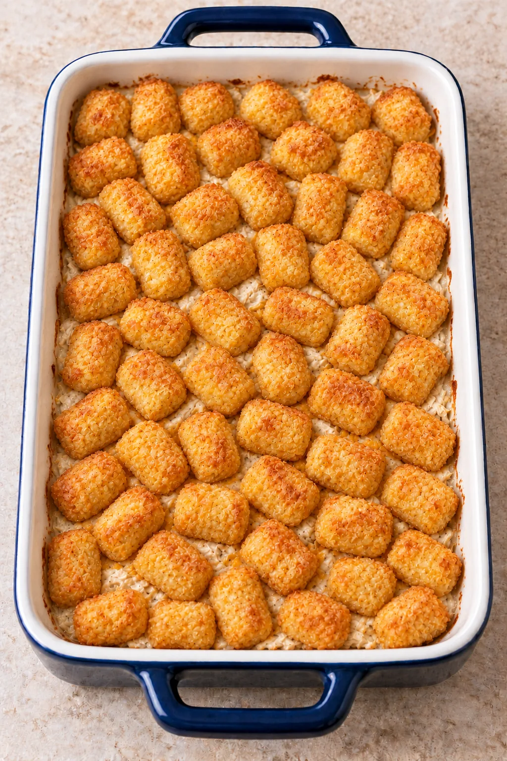 Golden tater tots after the first uncovered bake, before the final cheese and bacon topping
