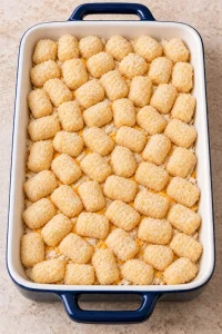 Frozen tater tots arranged in one layer over the chicken filling before baking