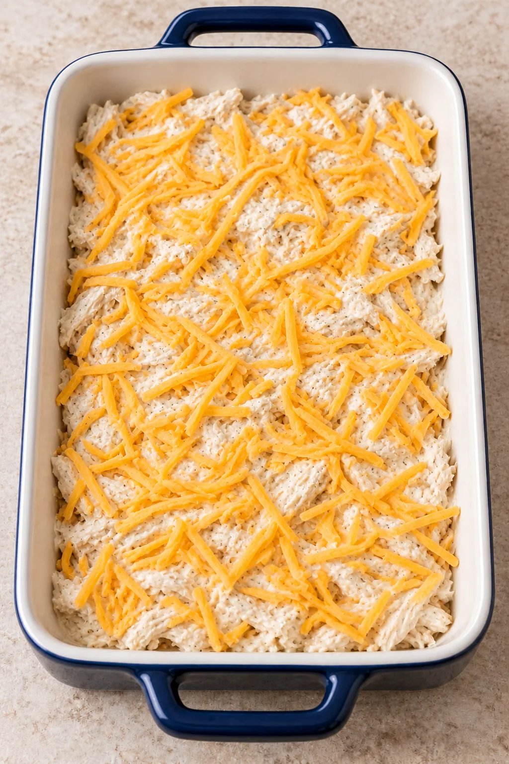Shredded chicken covered with creamy ranch sauce and half the cheddar before adding tater tots