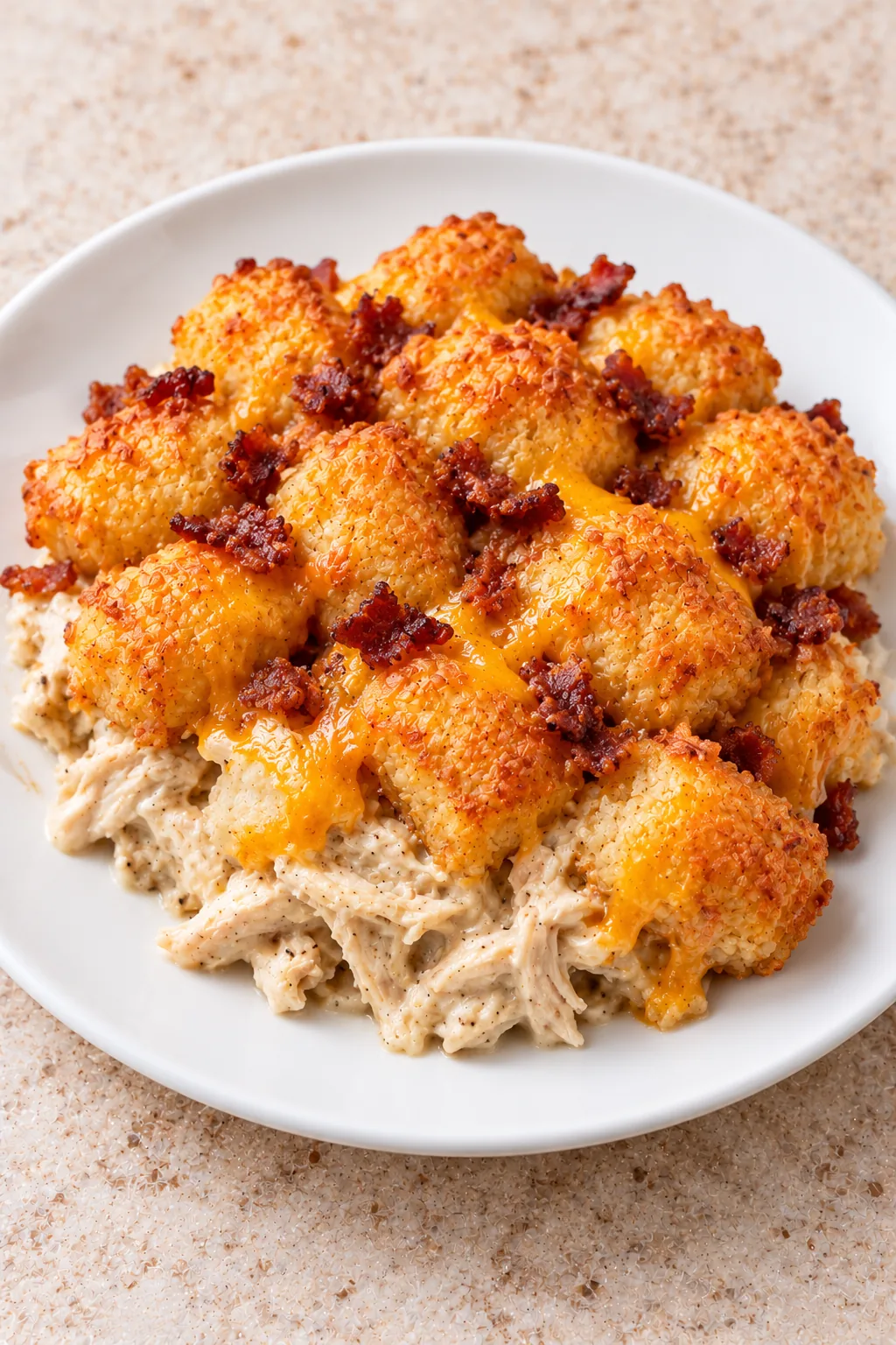 Serving of chicken bacon ranch casserole showing creamy shredded chicken beneath golden tater tots, cheese and bacon