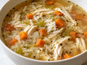 Chicken rice soup with shredded chicken, white rice, carrots, and celery in a cream-colored bowl.