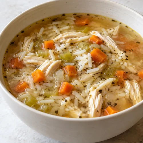 Chicken rice soup with shredded chicken, white rice, carrots, and celery in a cream-colored bowl.