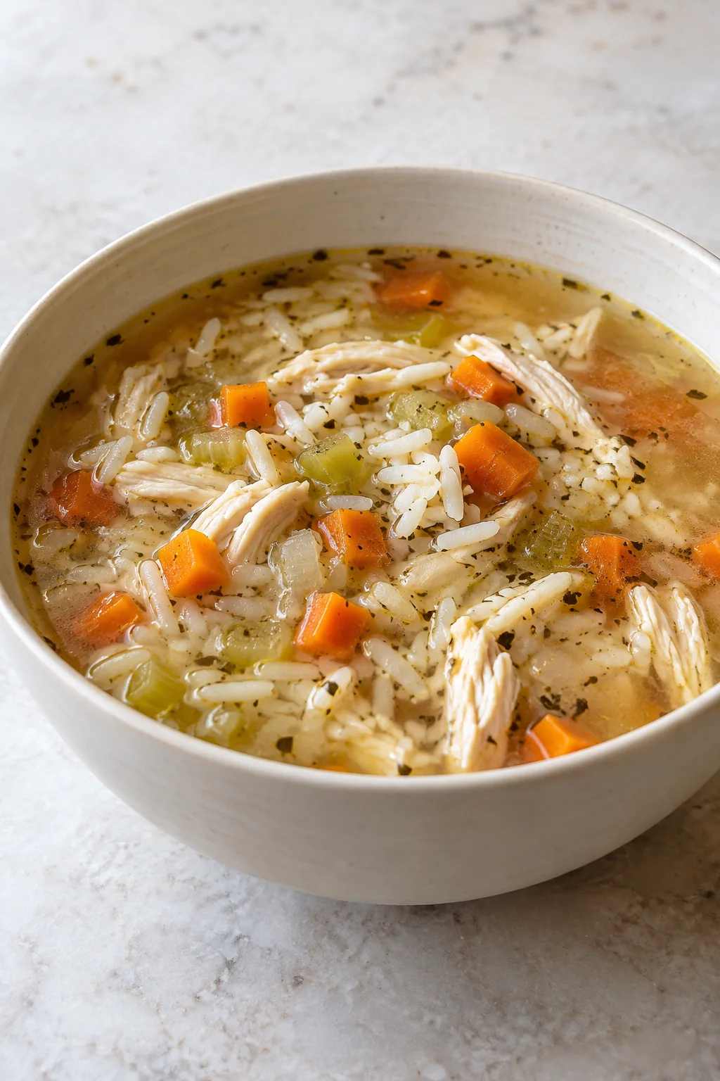 Chicken rice soup with shredded chicken, white rice, carrots, and celery in a cream-colored bowl.