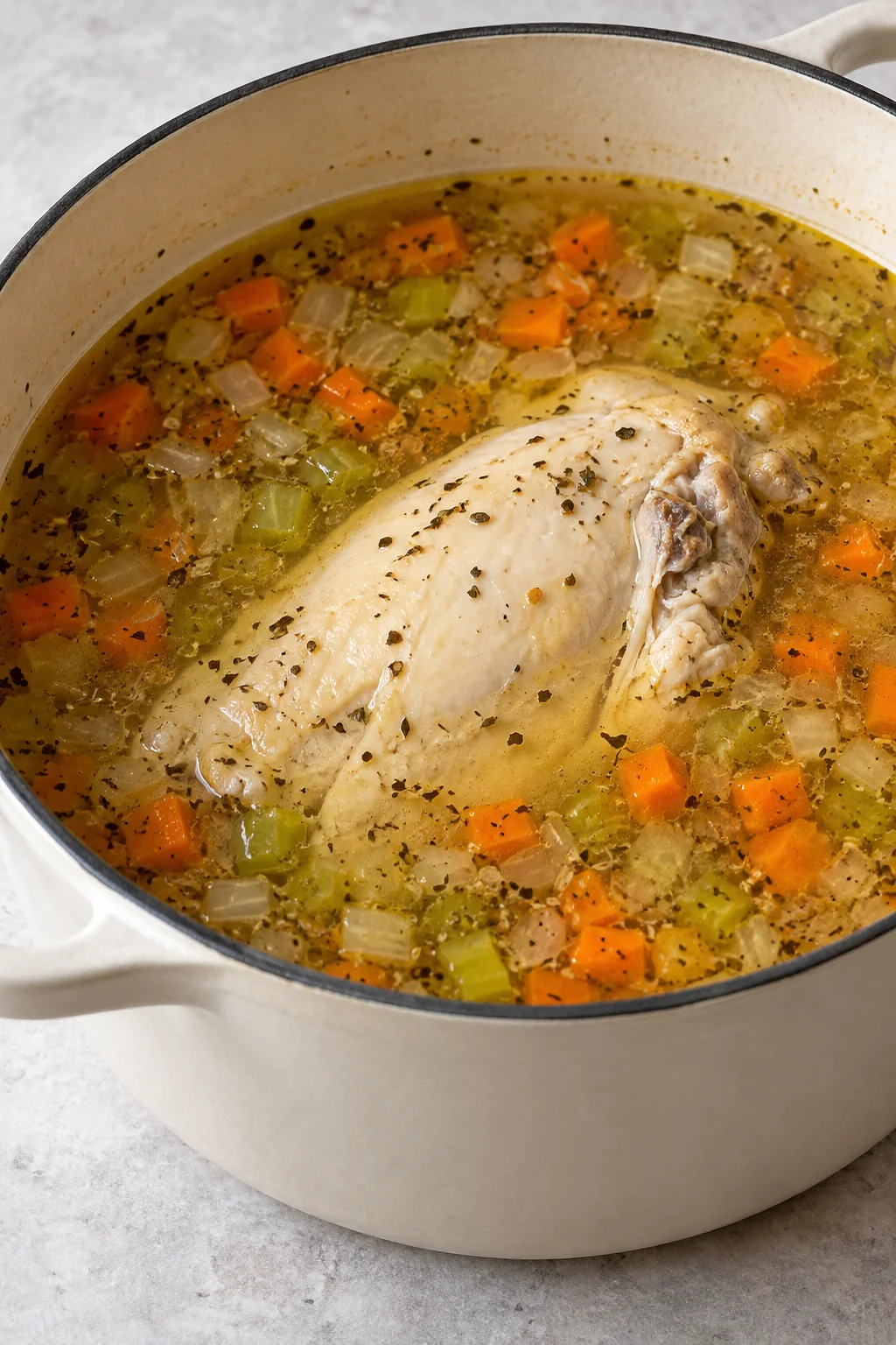 Bone-in chicken breast cooking in seasoned broth with carrots and celery.