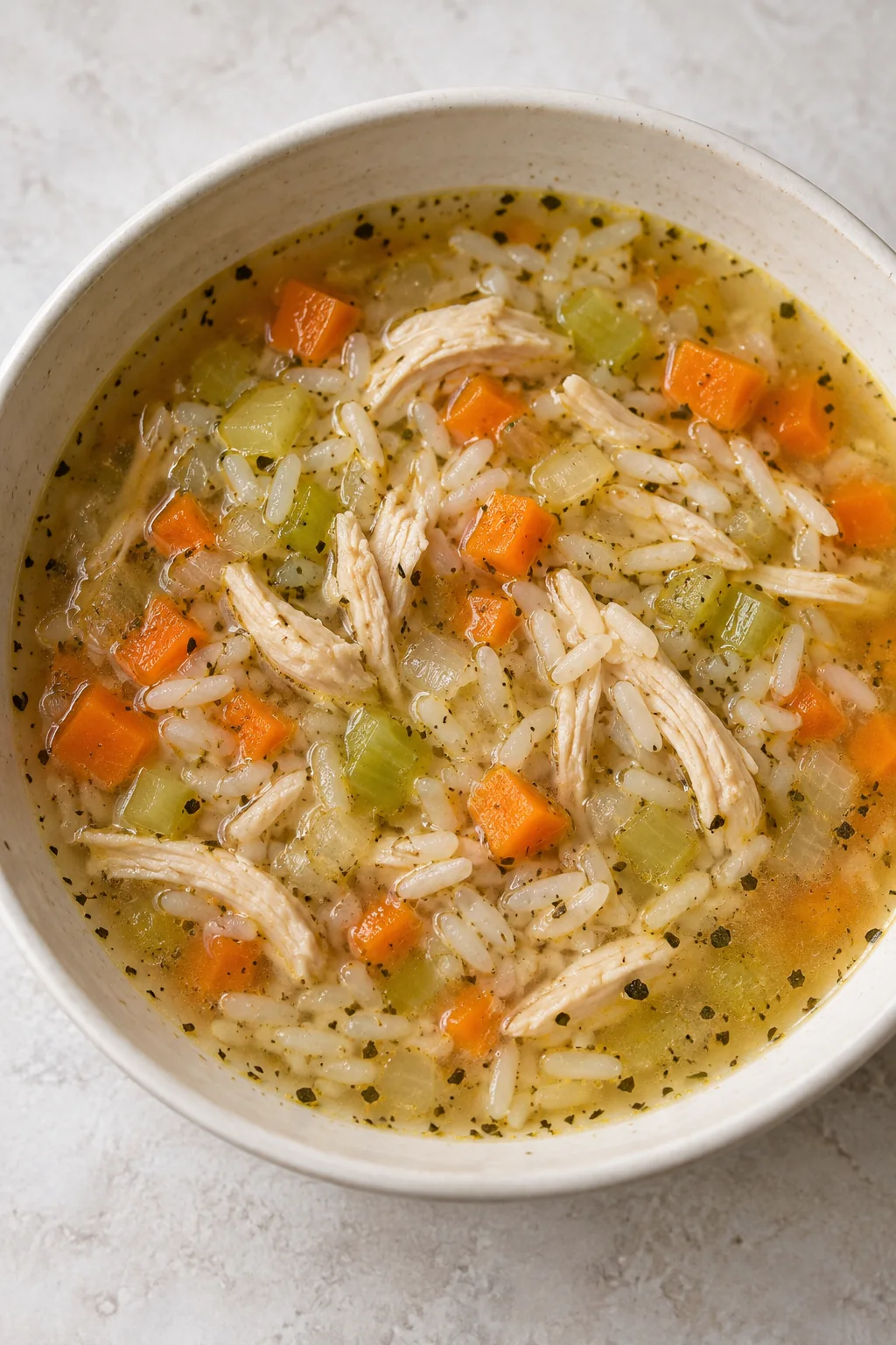 Overhead view of chicken rice soup with a clear golden broth and tender vegetables.