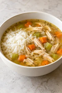 Cooked rice in a serving bowl with chicken soup ladled around it.