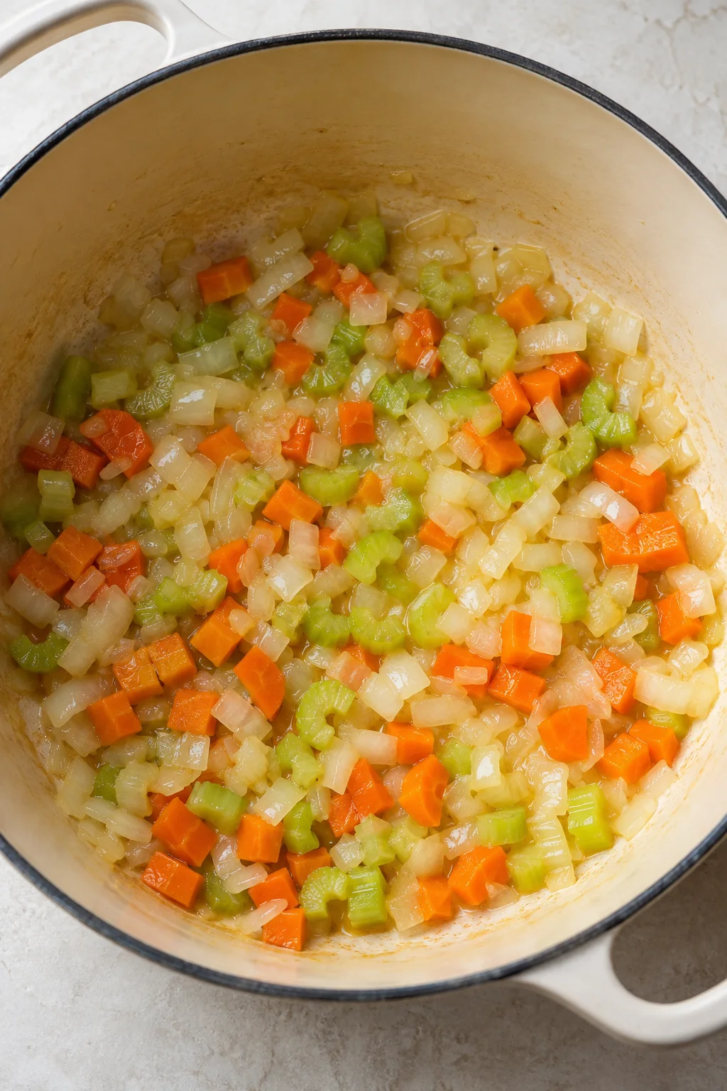 Diced onion, carrots, and celery softening in butter in a soup pot.