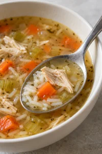 A spoonful of chicken rice soup with tender shredded chicken, rice, and carrot.
