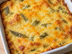 Whole chile rellenos casserole with a golden cheese top in a square white baking dish
