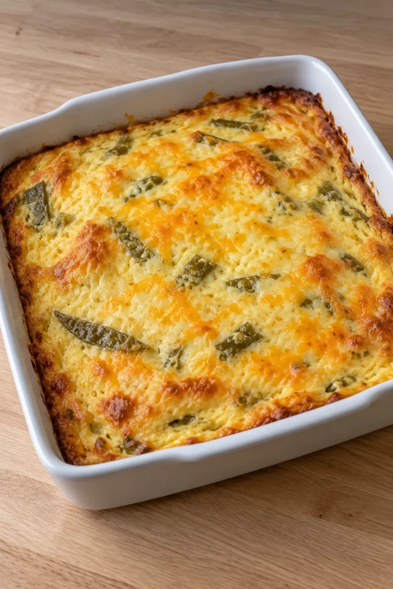 Whole chile rellenos casserole with a golden cheese top in a square white baking dish