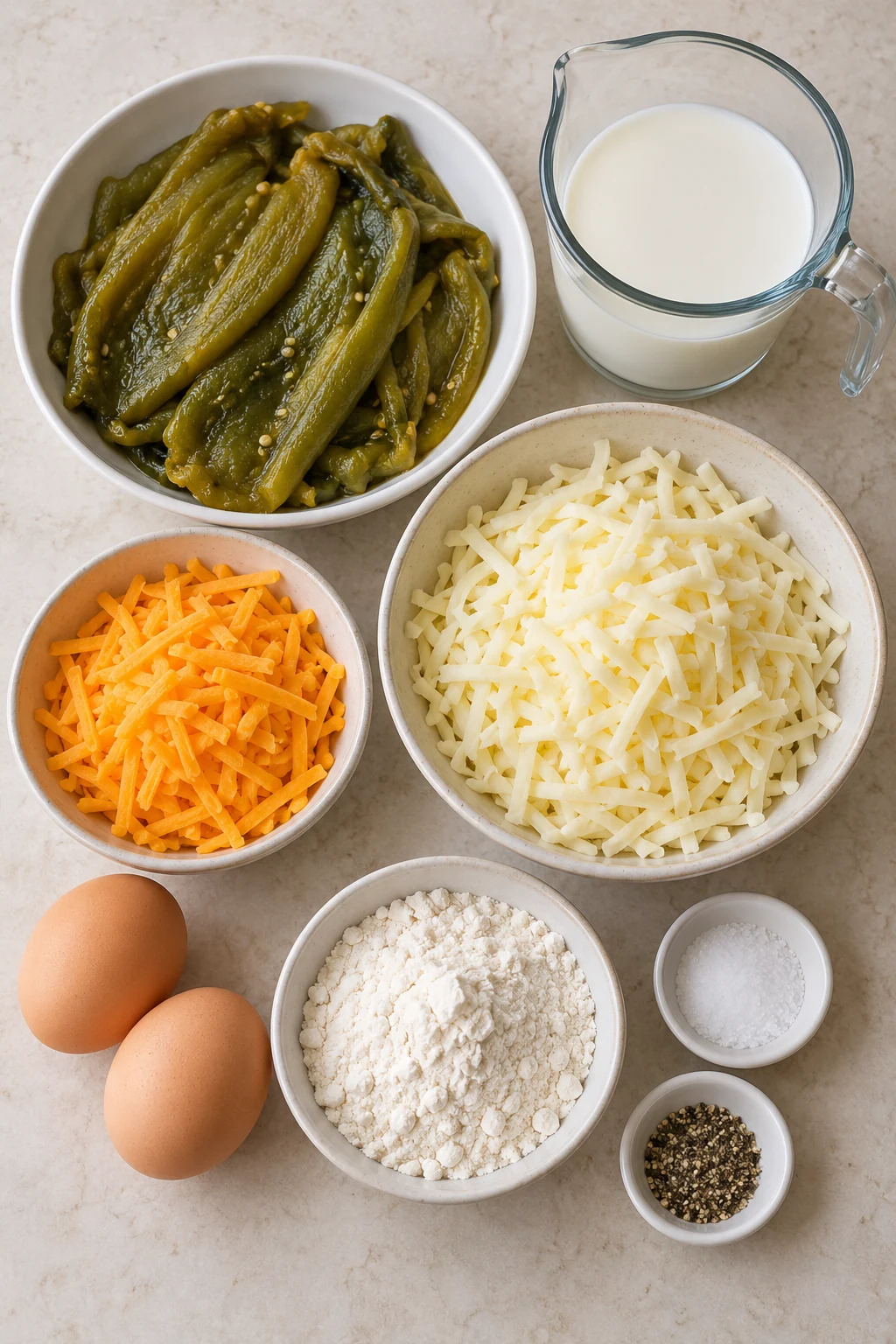 Whole green chiles, grated Jack and cheddar, two eggs, milk, flour, salt and pepper on a counter