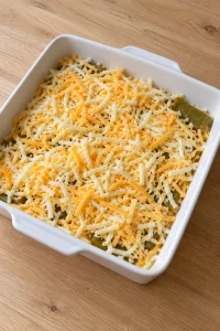 Unbaked green chile layers topped with grated Jack and cheddar cheese