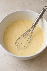 Pale egg, milk and flour batter with black pepper specks in a plain mixing bowl