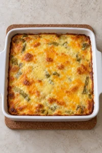 Baked chile rellenos casserole with set edges and lightly browned cheese