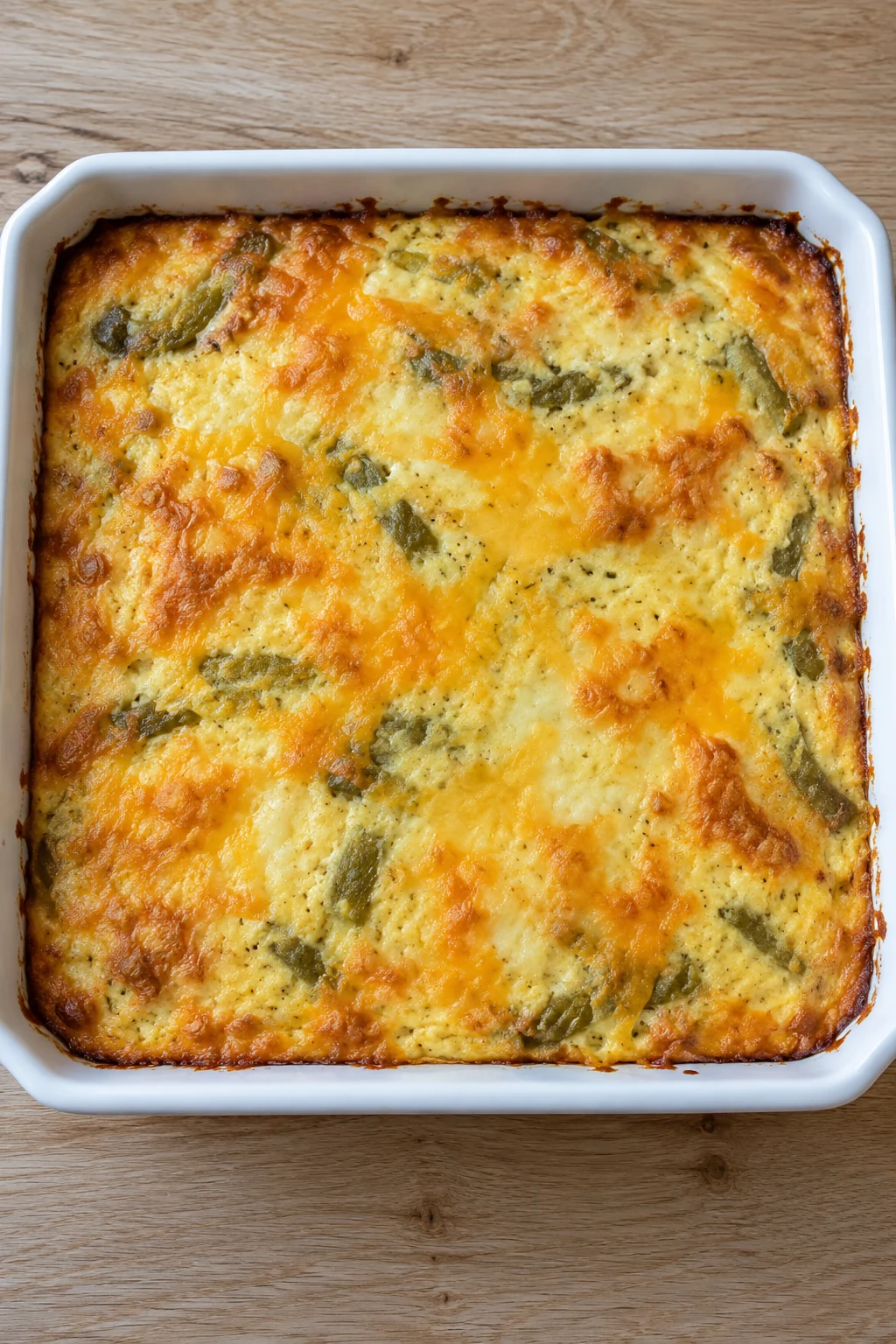 Golden Jack and cheddar cheese across the top of an uncut green chile casserole