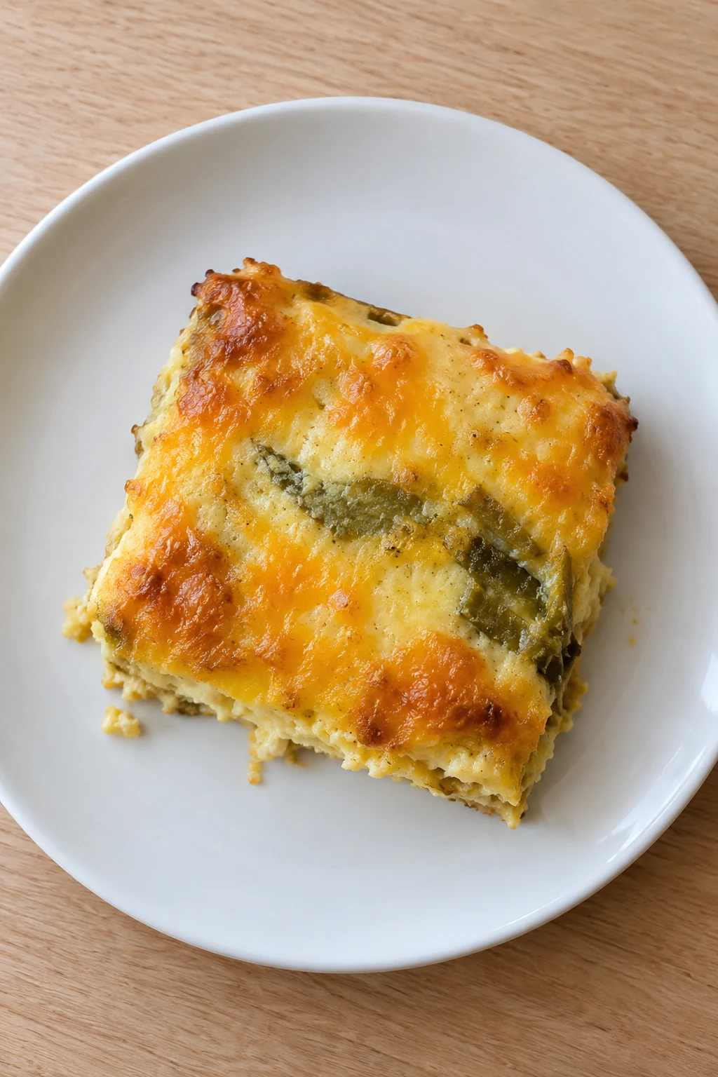 One modest intact serving of chile rellenos casserole on a plain white plate