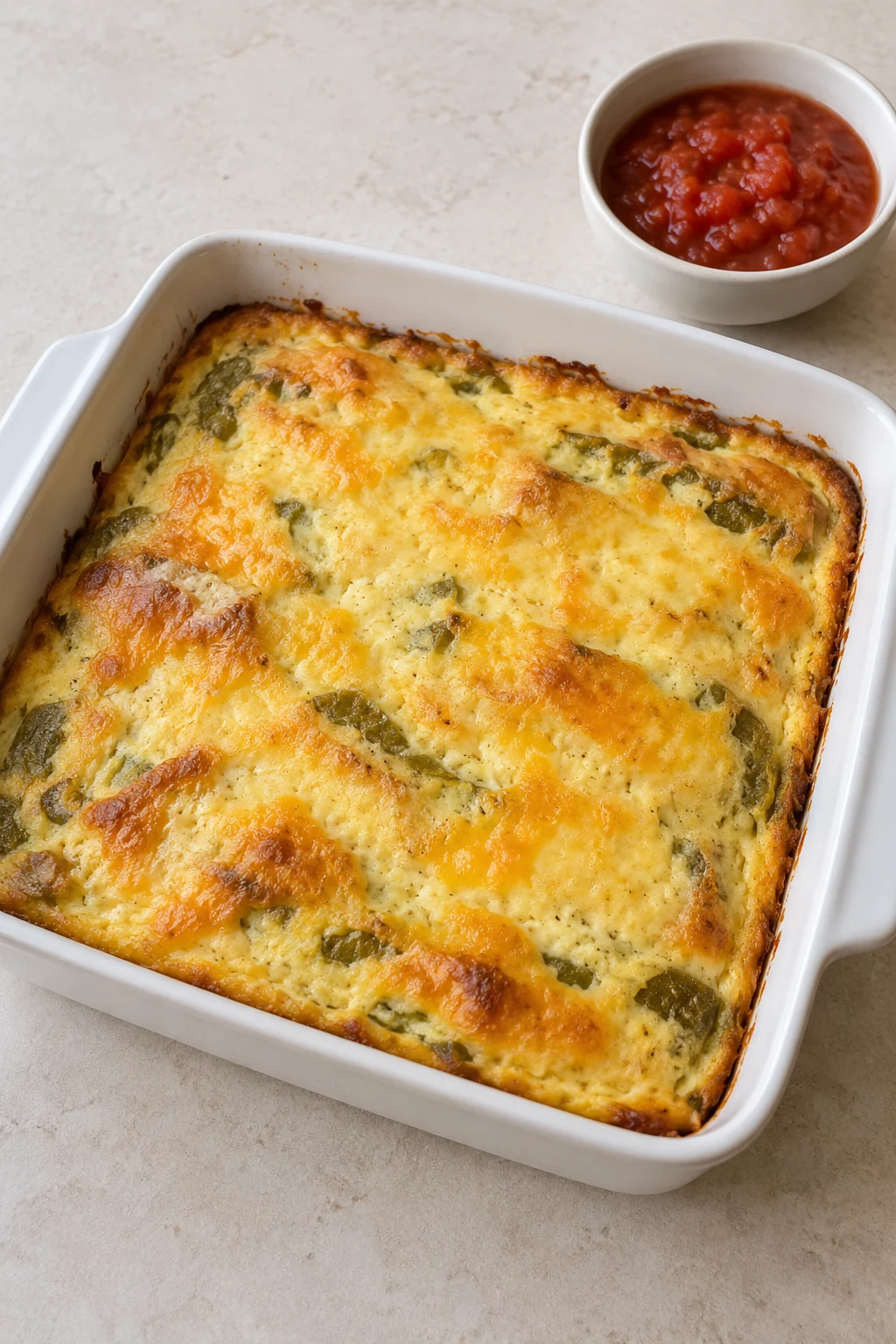 Whole golden green chile casserole beside a small bowl of red salsa