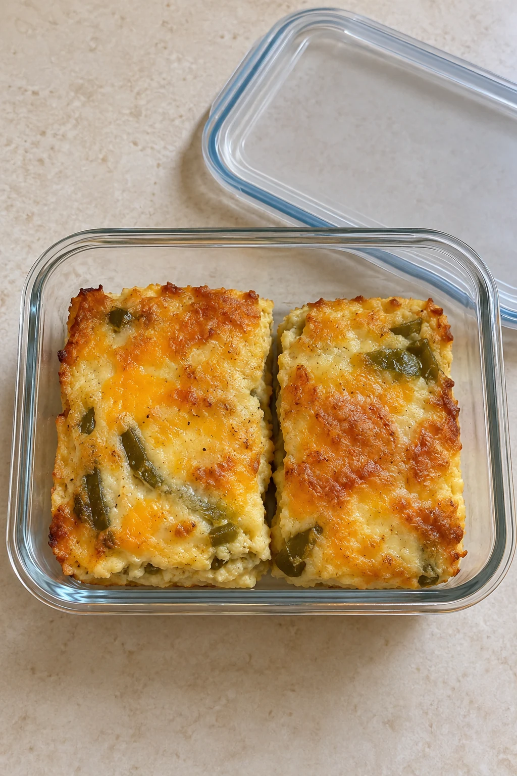 Two chile rellenos casserole portions in a shallow clear food storage container