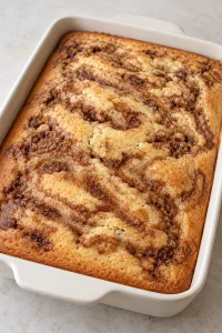 Golden baked cinnamon swirl cake before adding the vanilla glaze