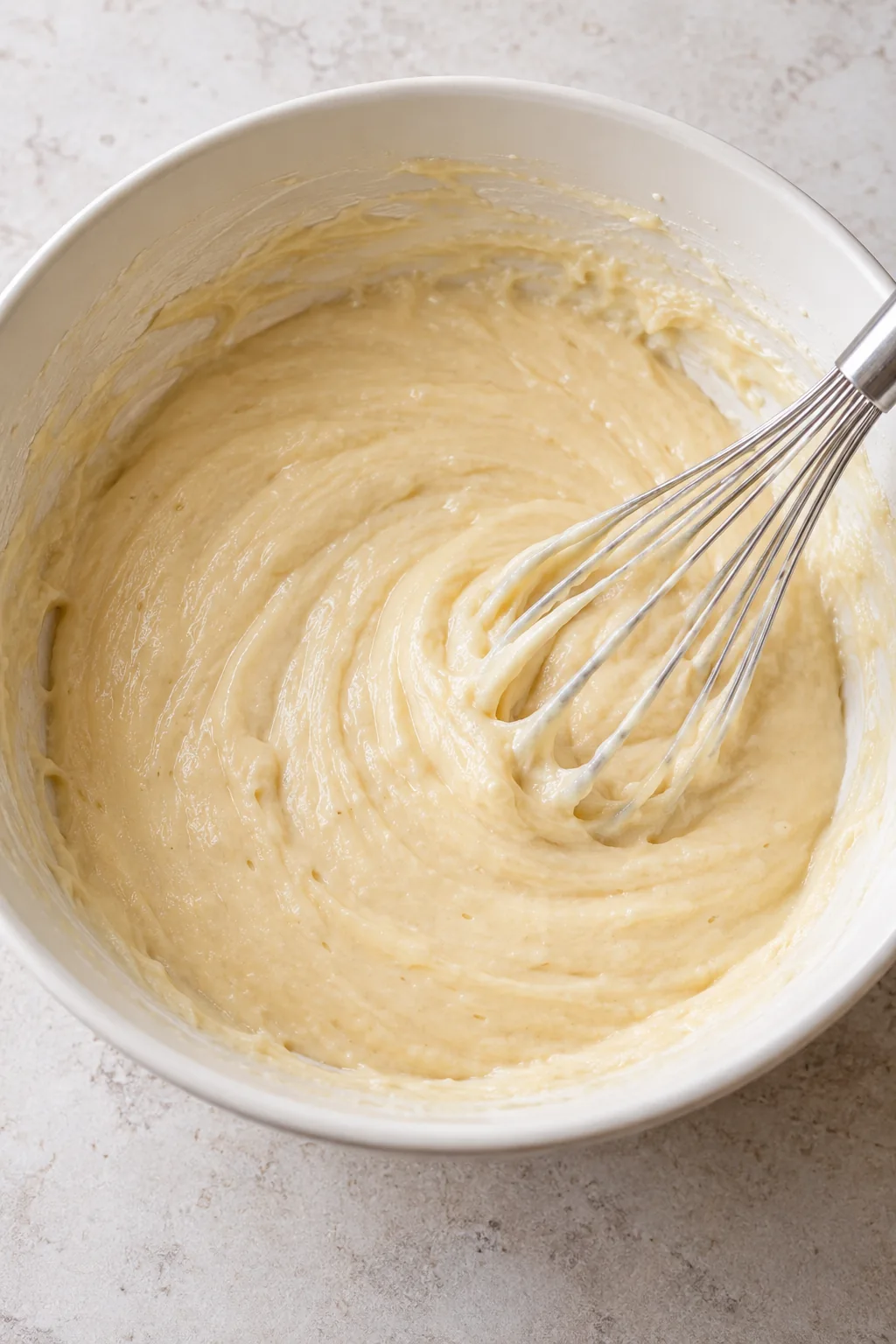 Smooth pale vanilla cake batter mixed in a white bowl