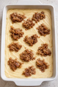 Spoonfuls of cinnamon topping dotted over vanilla cake batter before swirling