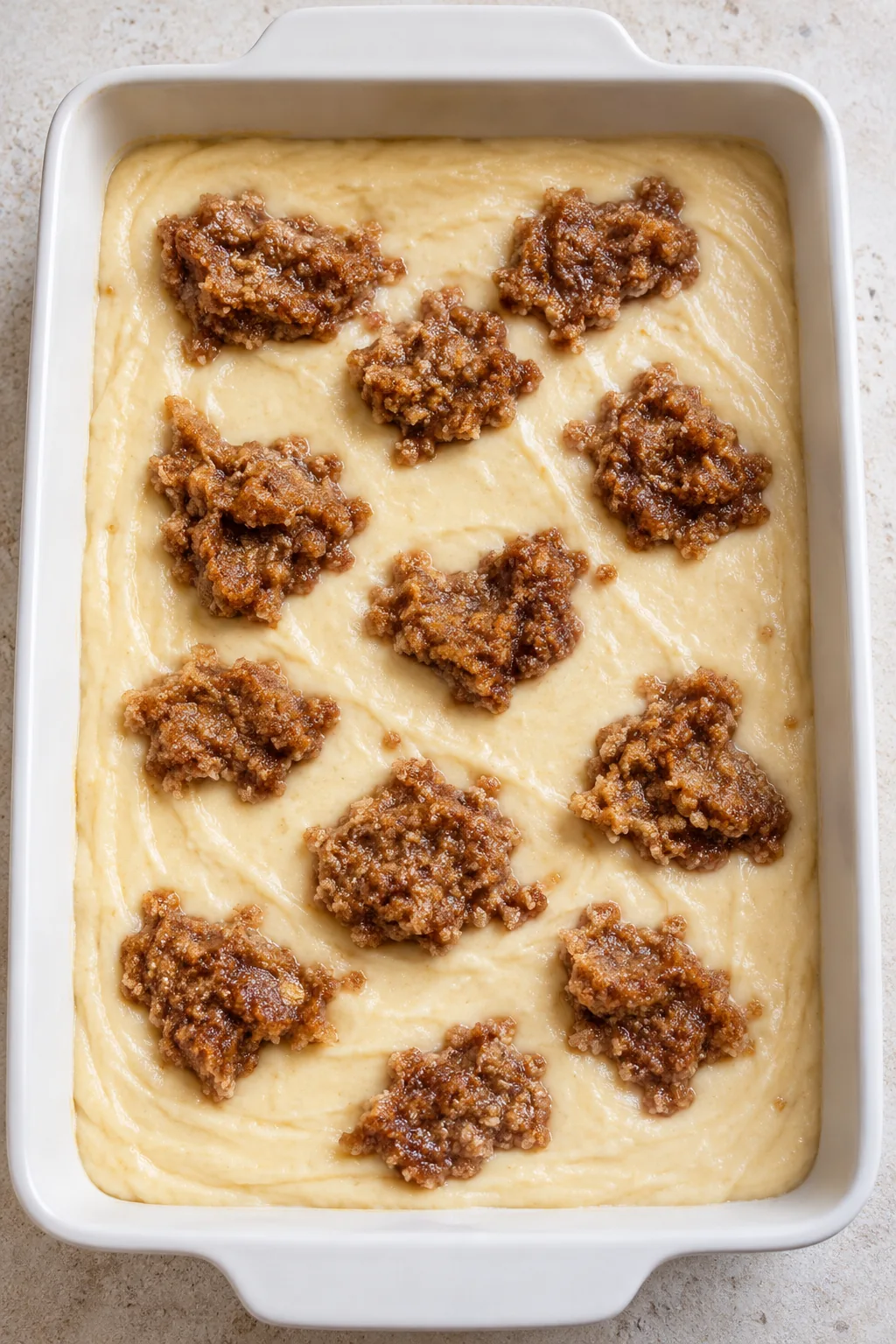 Spoonfuls of cinnamon topping dotted over vanilla cake batter before swirling