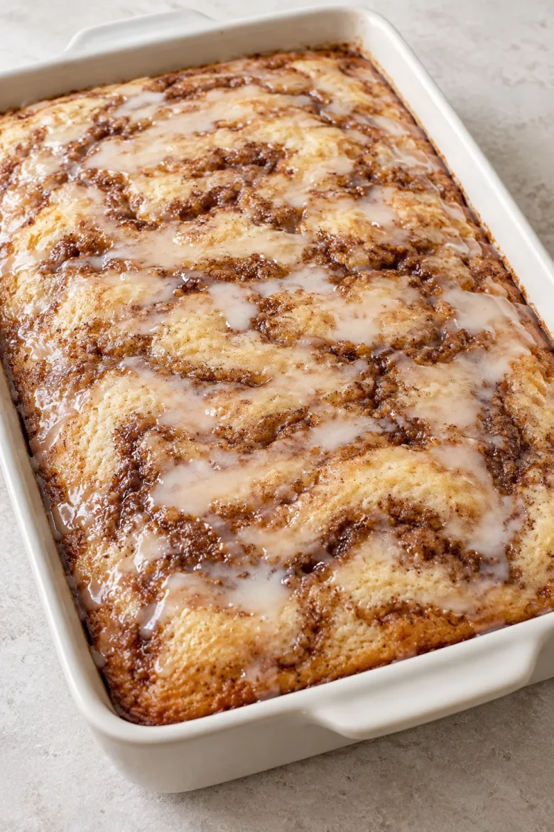Whole glazed Cinna-bun cake with brown cinnamon swirls in a baking dish