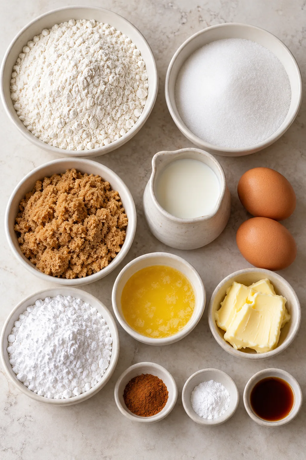 Flour, sugars, milk, eggs, butter, cinnamon, baking powder, and vanilla for Cinna-bun cake