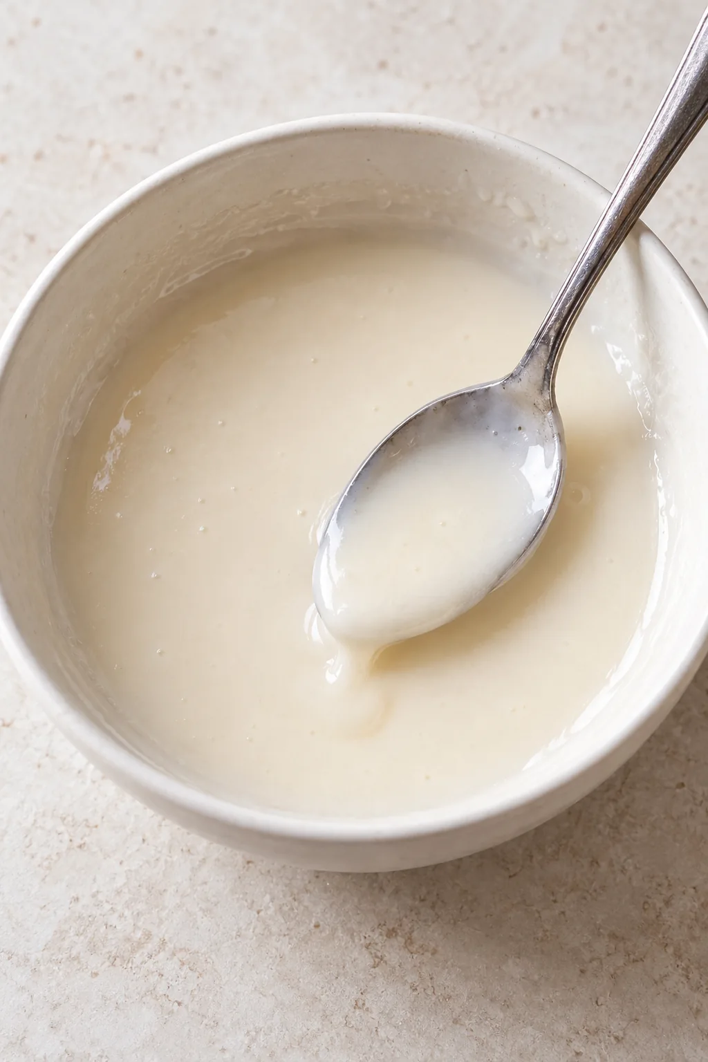 Pourable vanilla glaze made with powdered sugar and milk in a small bowl