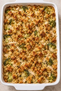 The baked casserole with toasted stuffing and creamy chicken and broccoli underneath.
