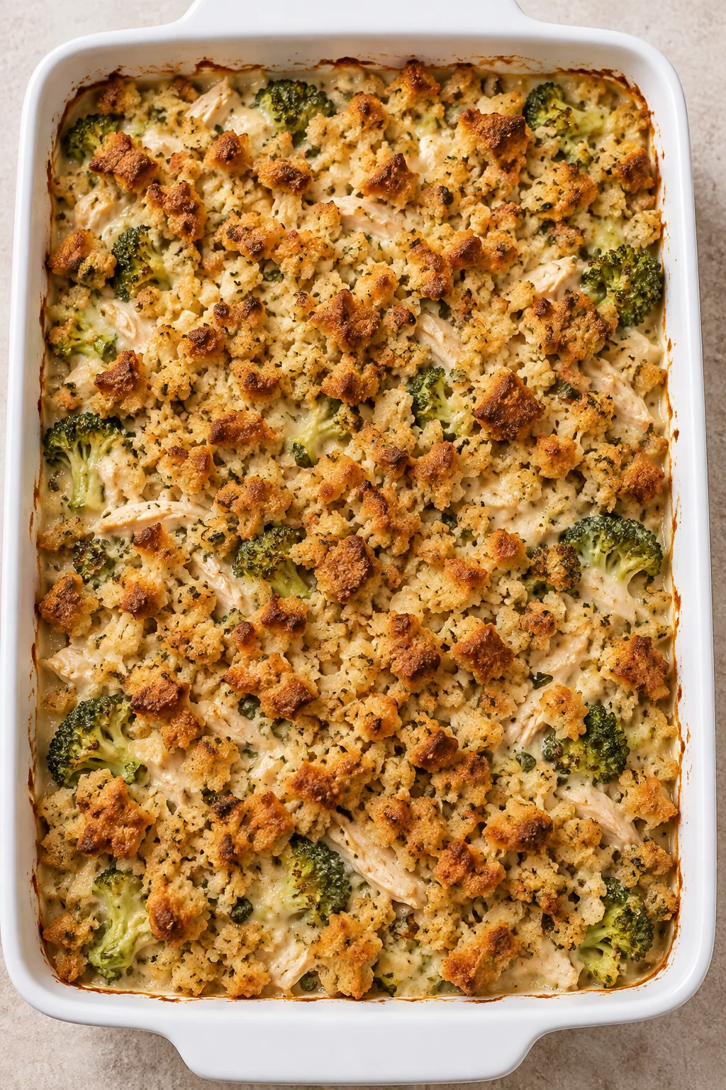The baked casserole with toasted stuffing and creamy chicken and broccoli underneath.