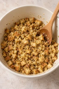 Herb-flavored stuffing mix tossed with melted butter.