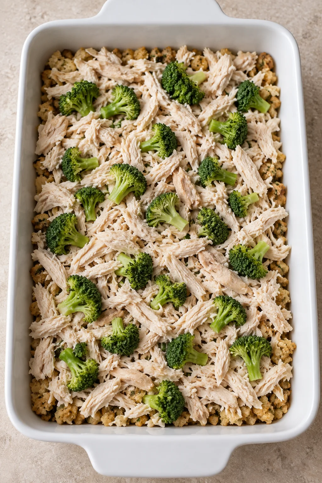 Shredded chicken and thawed broccoli layered over the buttered stuffing base.