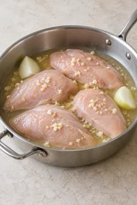 Chicken breasts placed in broth with garlic and two onion wedges before simmering.
