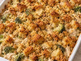 Company chicken casserole with creamy chicken, broccoli and a golden herb-stuffing topping.