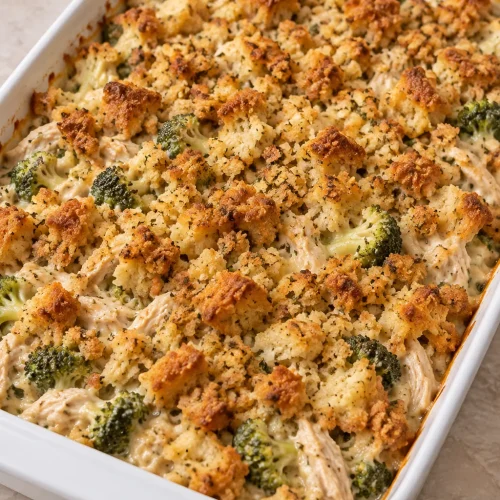 Company chicken casserole with creamy chicken, broccoli and a golden herb-stuffing topping.