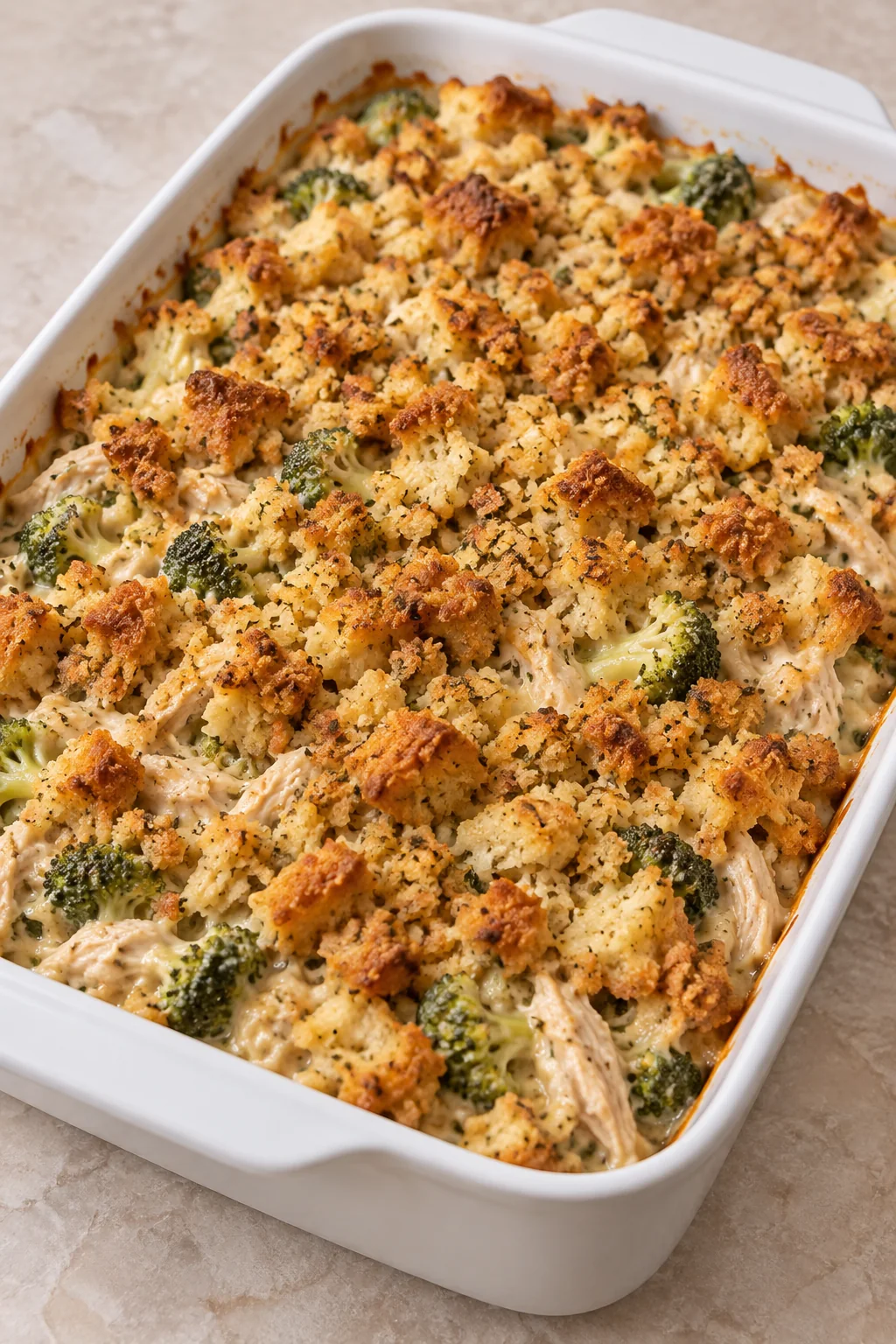 Company chicken casserole with creamy chicken, broccoli and a golden herb-stuffing topping.