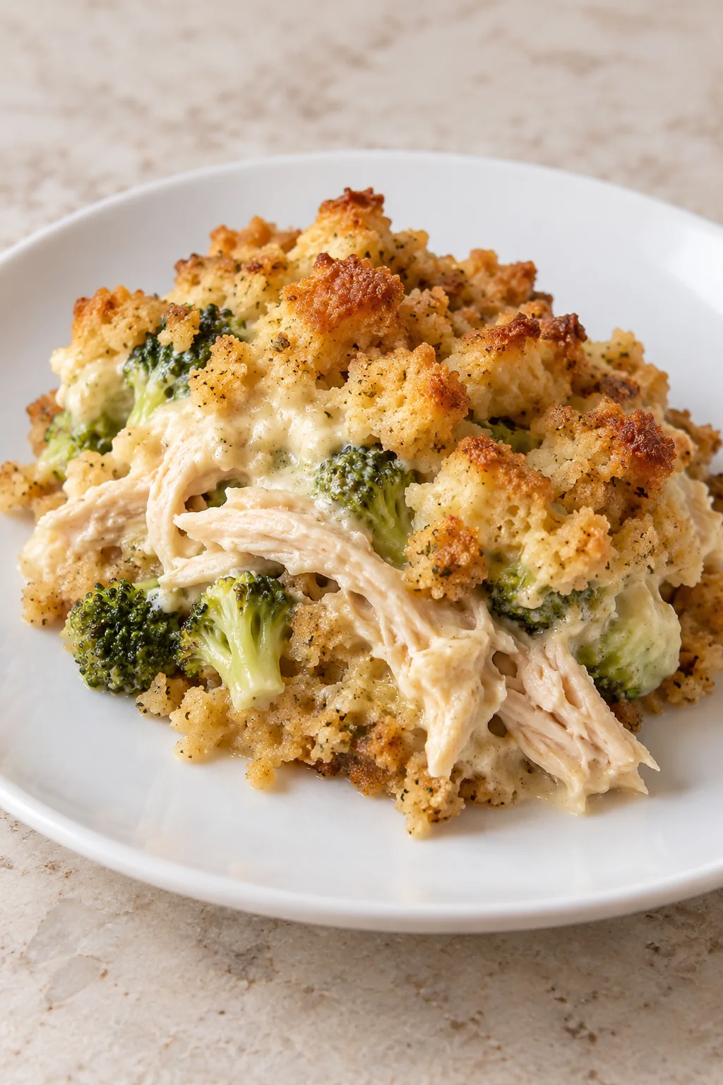 A serving of company chicken casserole showing chicken, broccoli, creamy sauce and stuffing.
