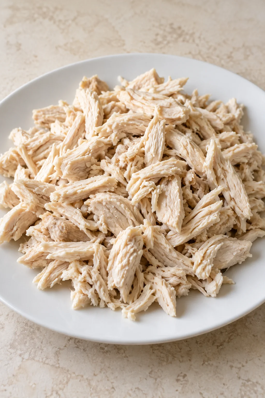 Cooked chicken breasts shredded into bite-size pieces for the casserole.